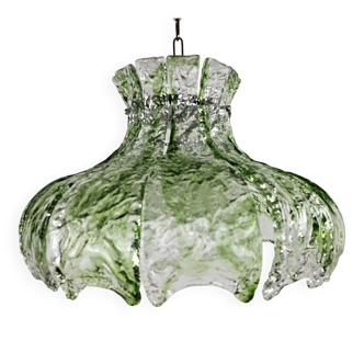 Pendant lamp by Mazzega with loose leaves of ice glass in transparent and green