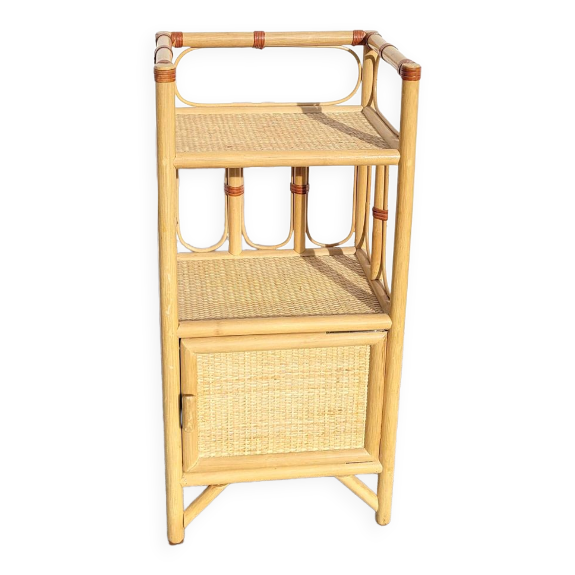 Small vintage rattan shelf bedside table
