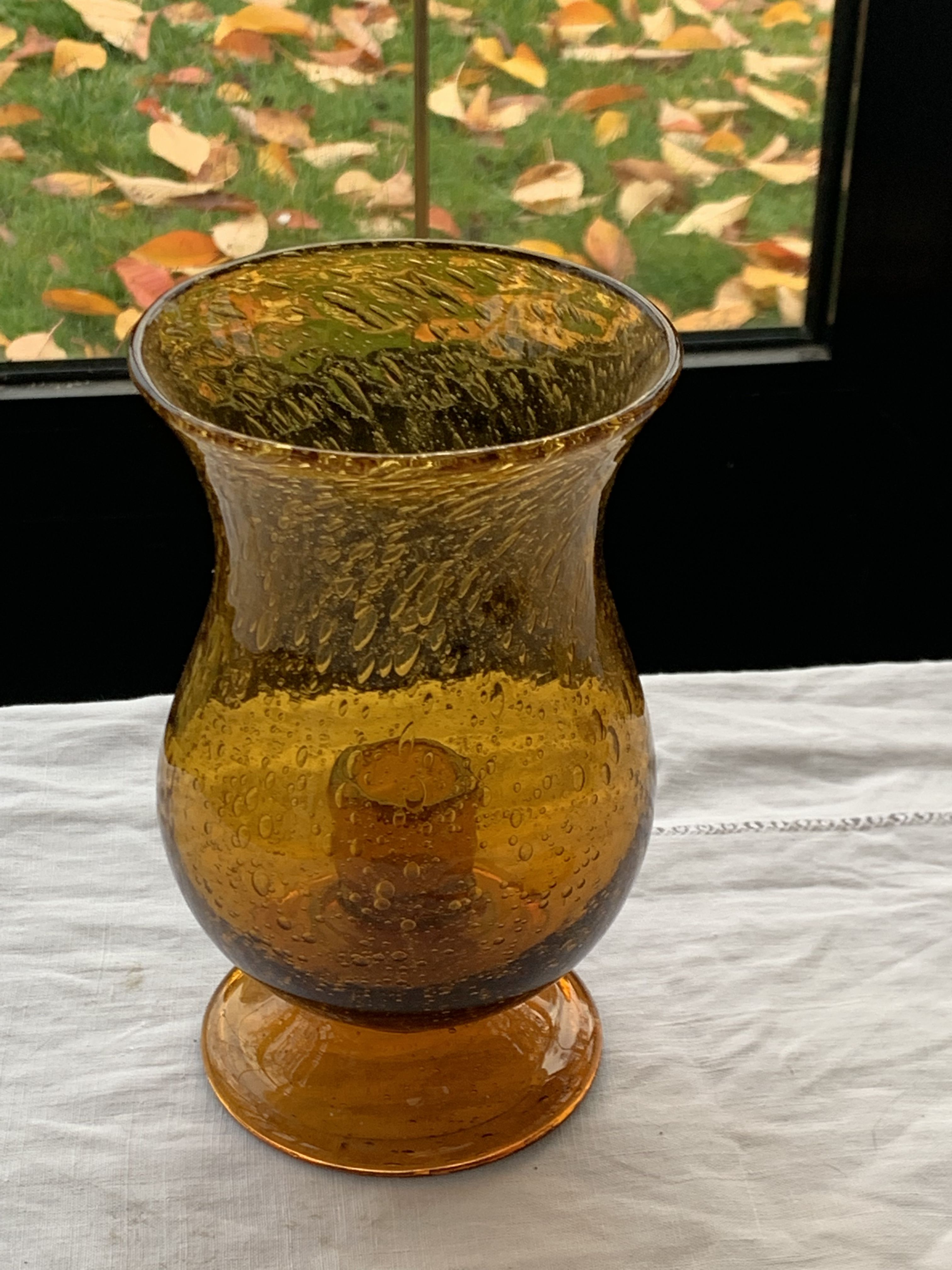 Photophore in bubble glass and hand-blown golden yellow signed vintage biot