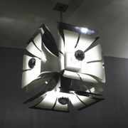 Impressive Space Age chandelier with 5 lights, chrome metal, Italy 1970s.