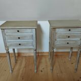 Pair of patinated bedside tables. Three drawers. End tables.