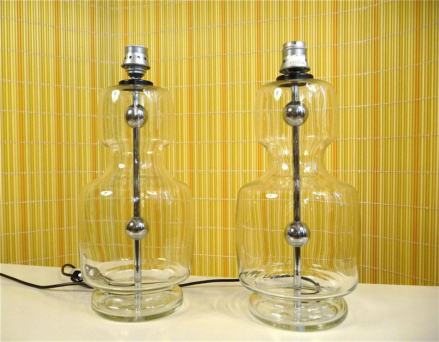 Set of 2 Glass & chrome table lamps with alcantara lampshades, 1960s