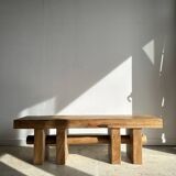 Solid wood bench with openwork base crossed by a cylinder - Mango wood