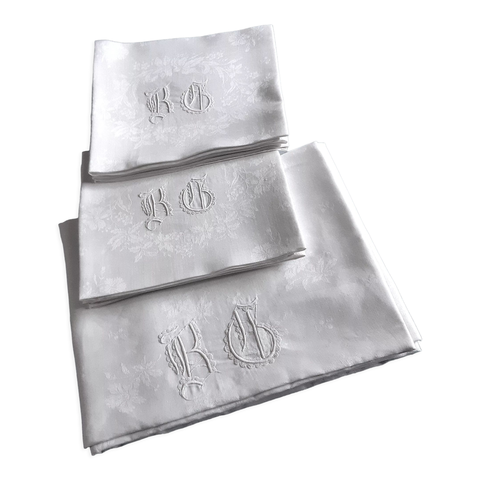 old damask table service 1m75x2m35 monogrammed "BG" with 8 napkins and tablecloth gift