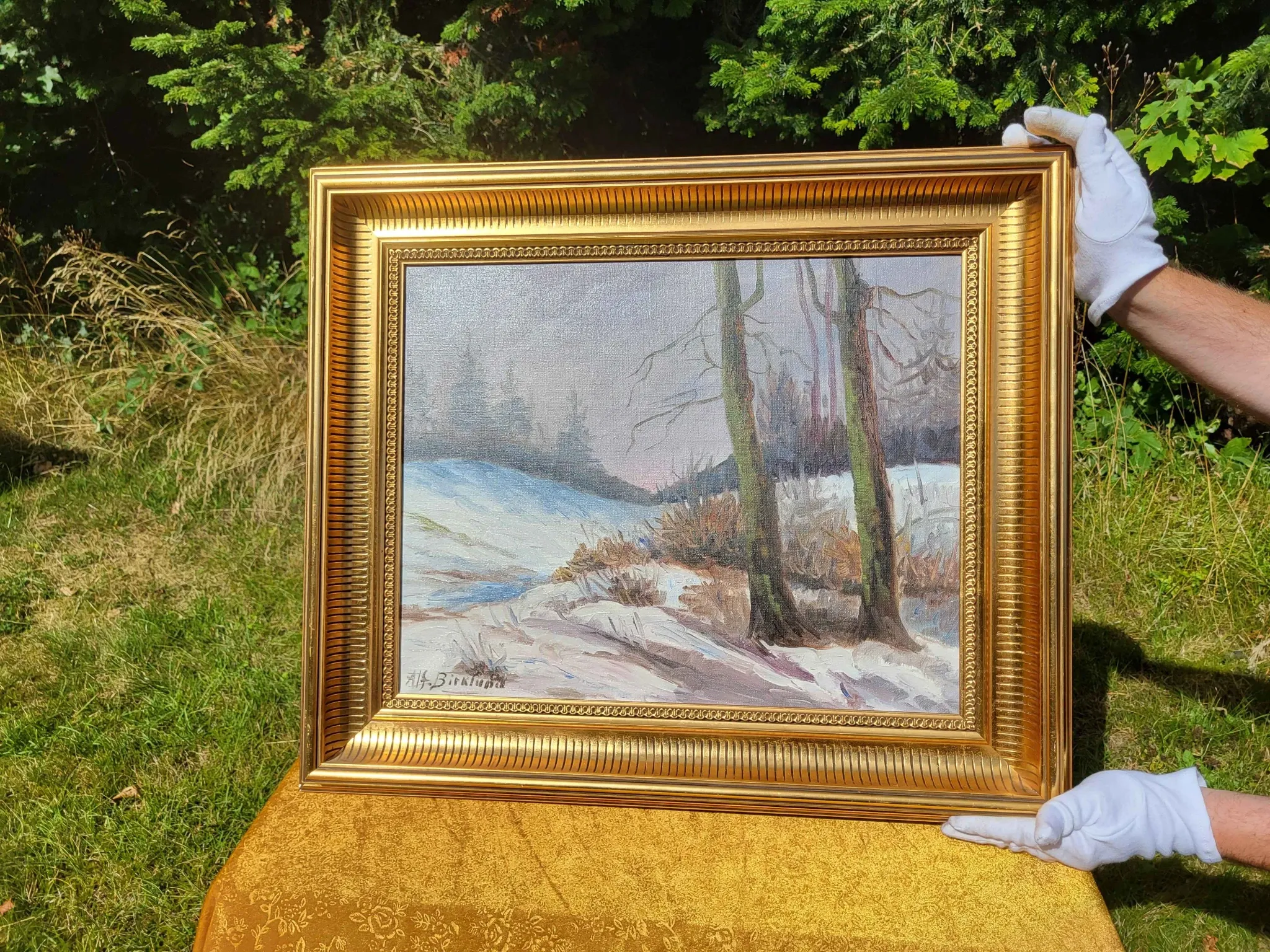 Vintage Winter Landscape with Birch Trees Oil Painting