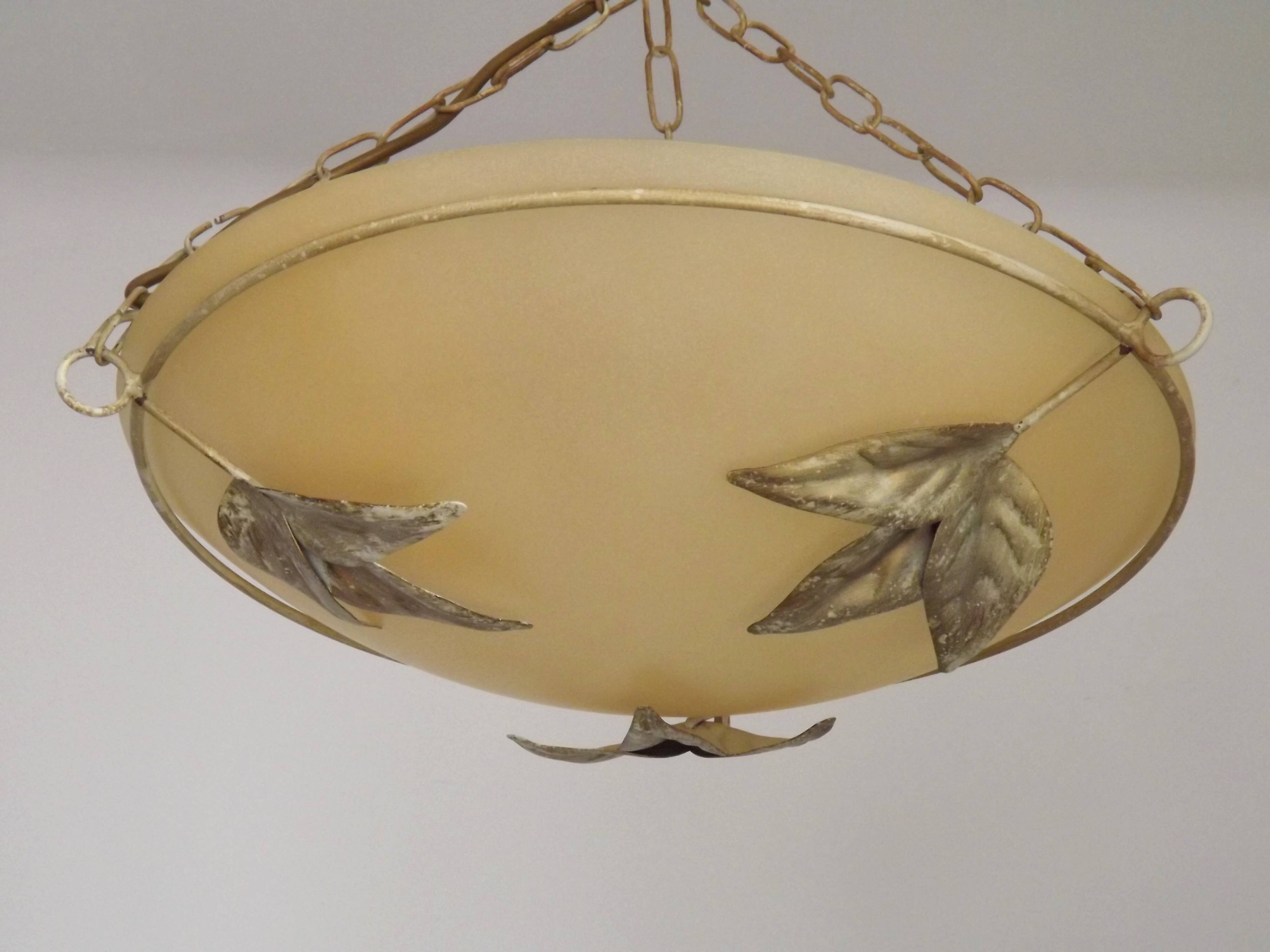 Italian Metal Ceiling Light Gold Leaf Detail Frosted Glass Bowl Shade