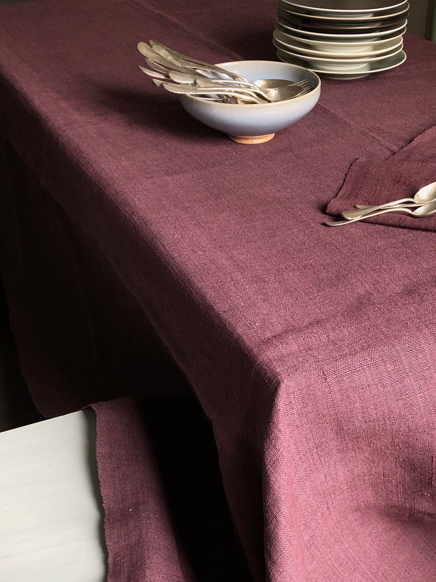 Old harvest tablecloth in pure hemp tinted with eggplant