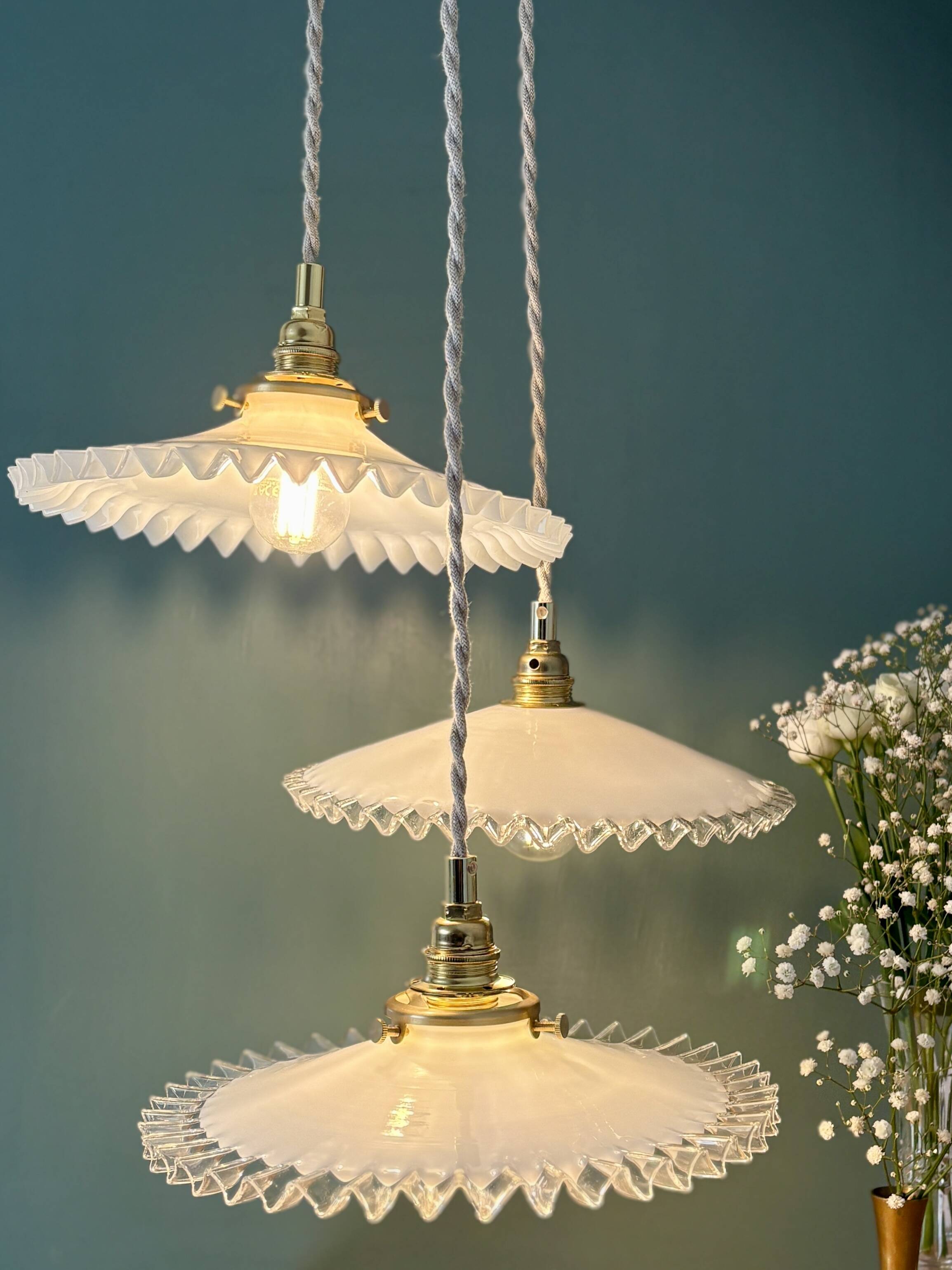 Vintage triple pendant lamp in white opaline