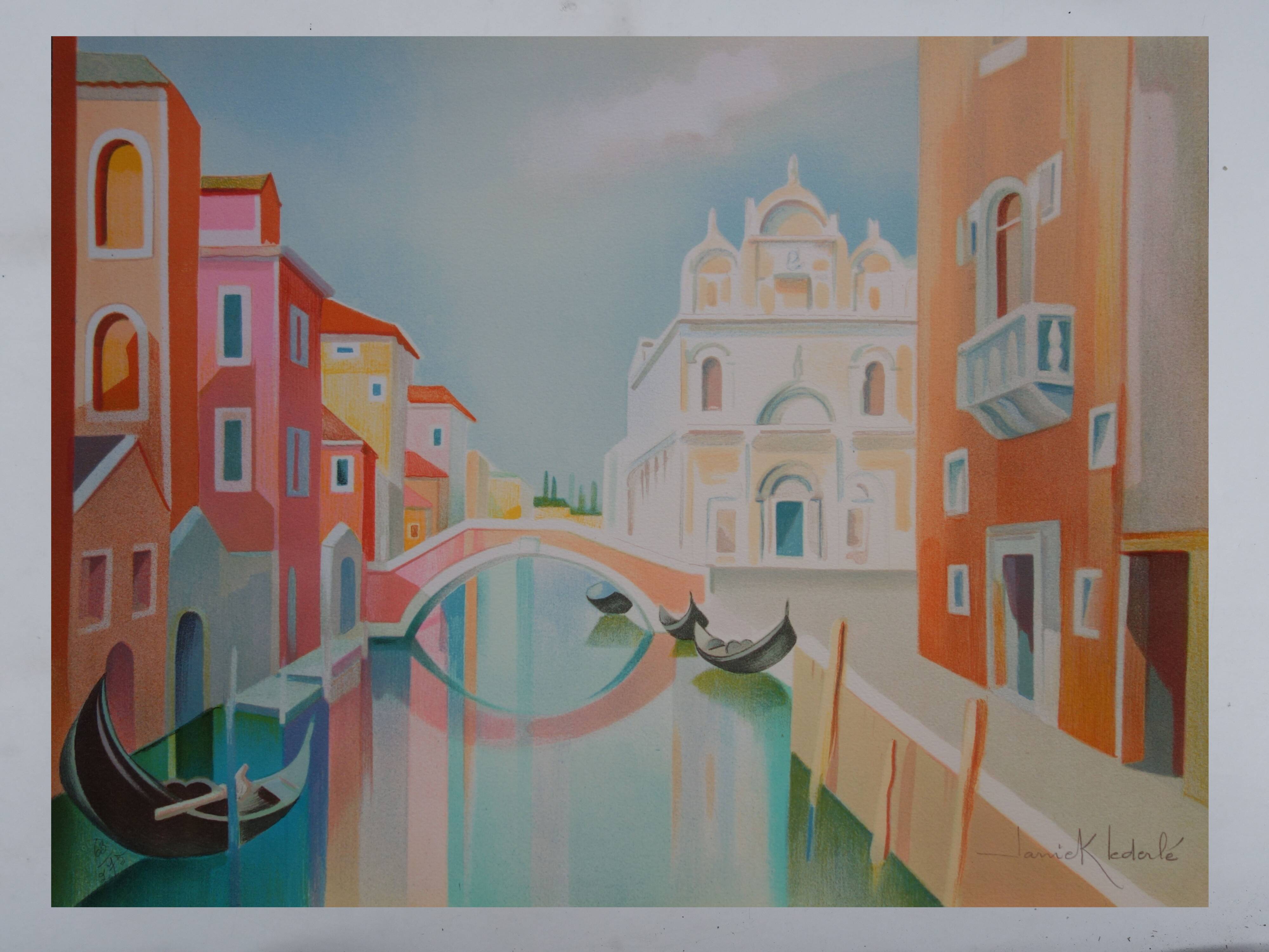 Janick LEDERLE: Gondolas in Venice, Original signed lithograph