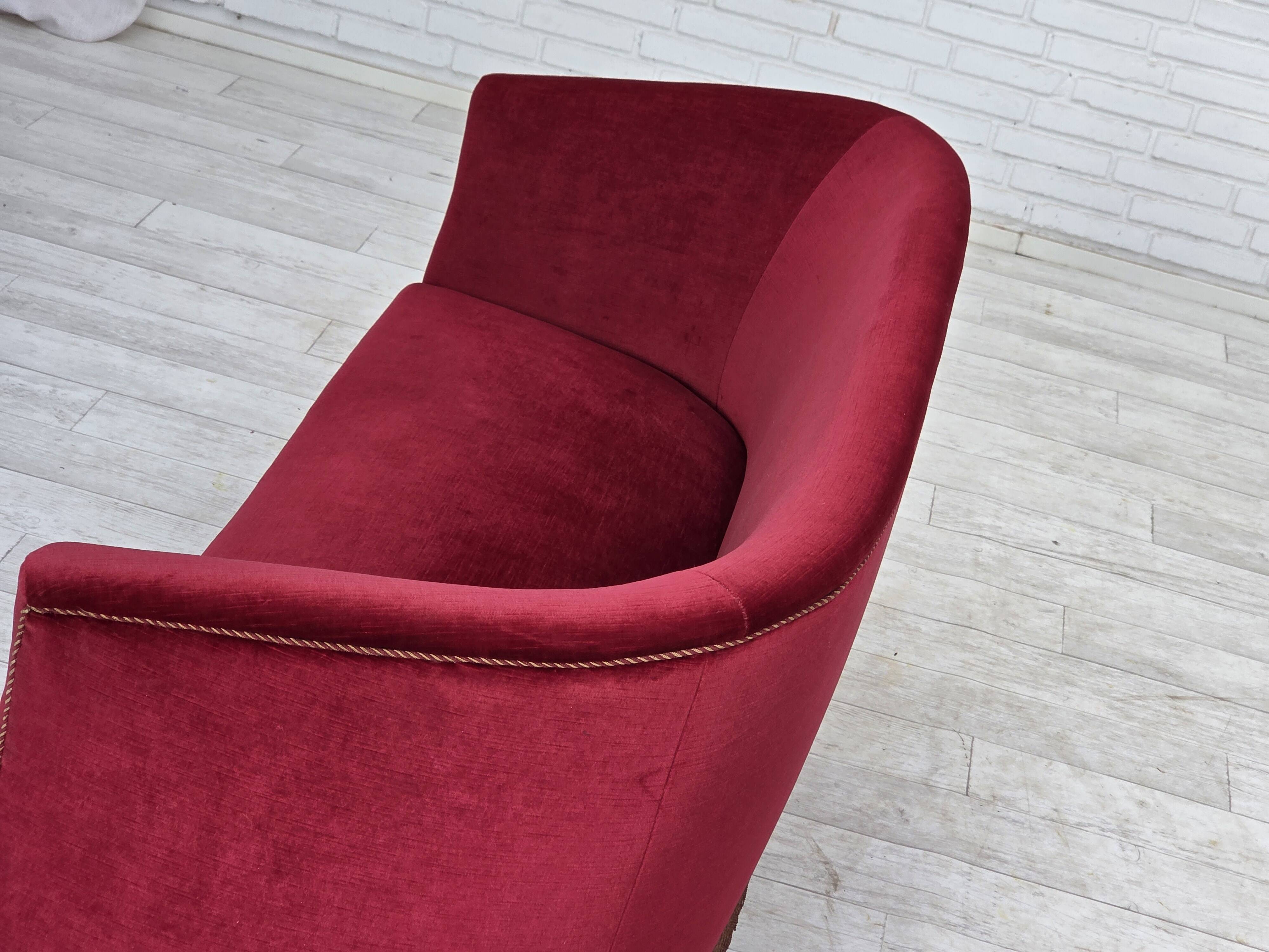 1960s, Danish 2-seater sofa, red furniture velour, ash wood legs.