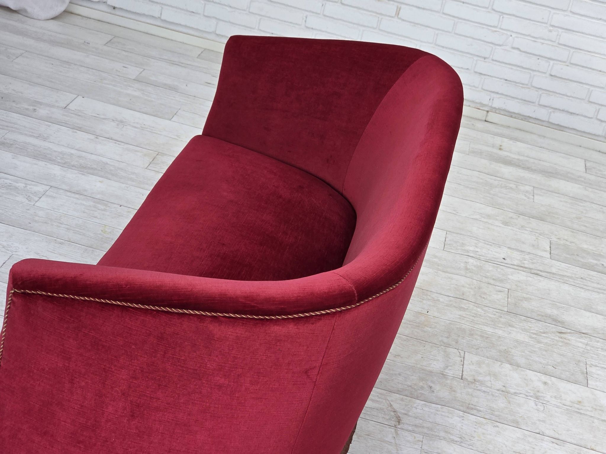 1960s, Danish 2-seater sofa, red furniture velour, ash wood legs.