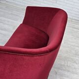 1960s, Danish 2-seater sofa, red furniture velour, ash wood legs.