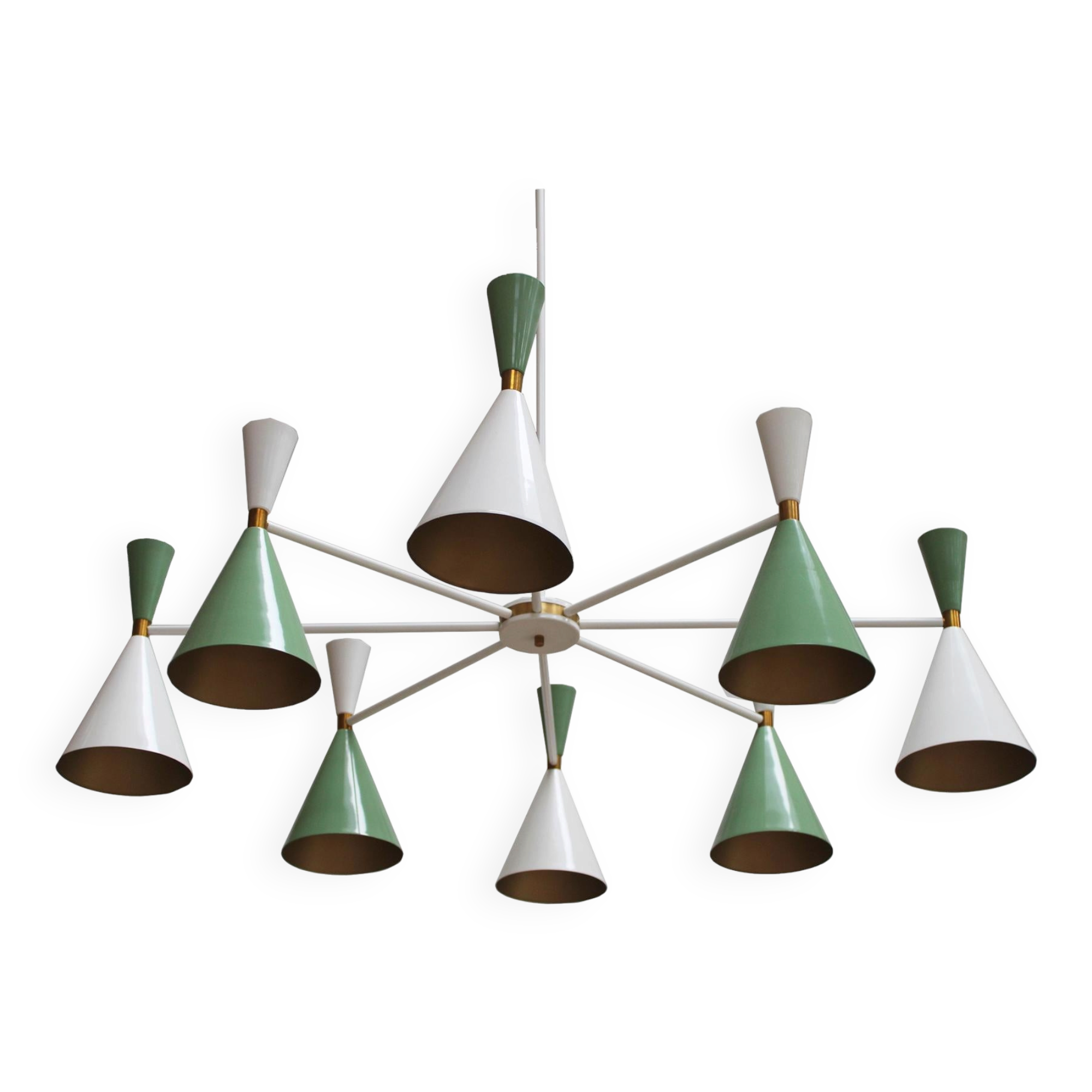 Stilnovo Style White and Green Lacquered Suspension Lamp . Spain, 2022