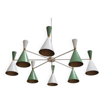 Stilnovo Style White and Green Lacquered Suspension Lamp . Spain, 2022