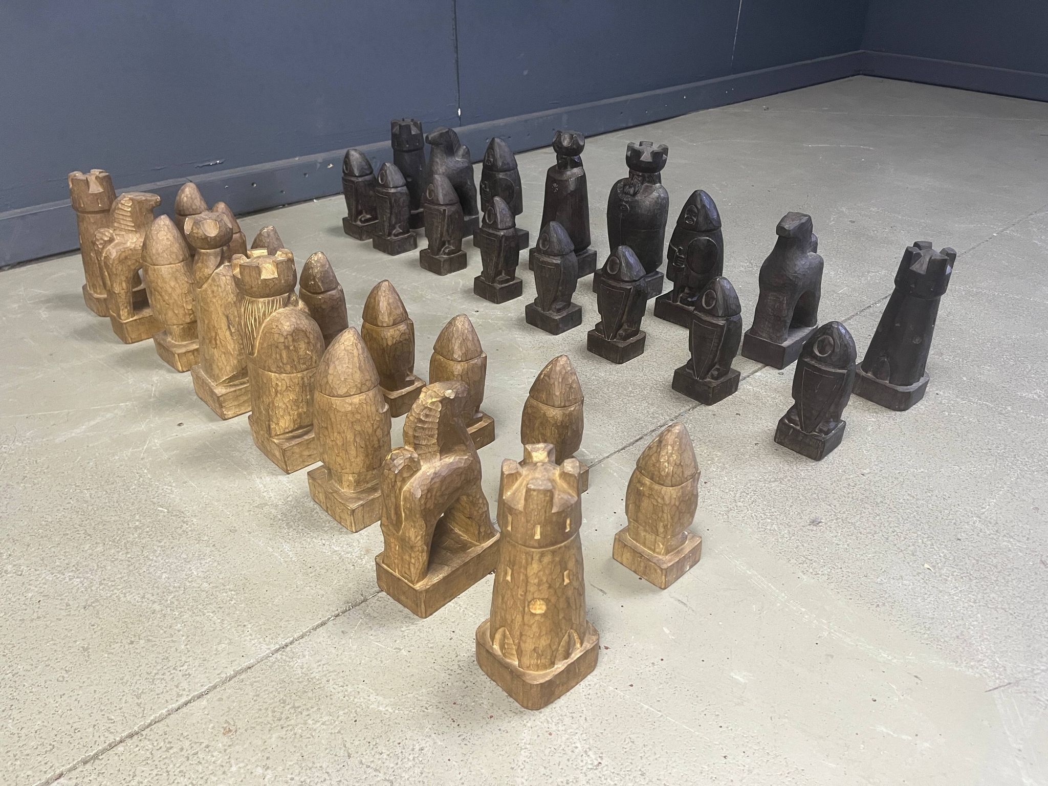 Large hand crafted wooden chess figure set, 1960s