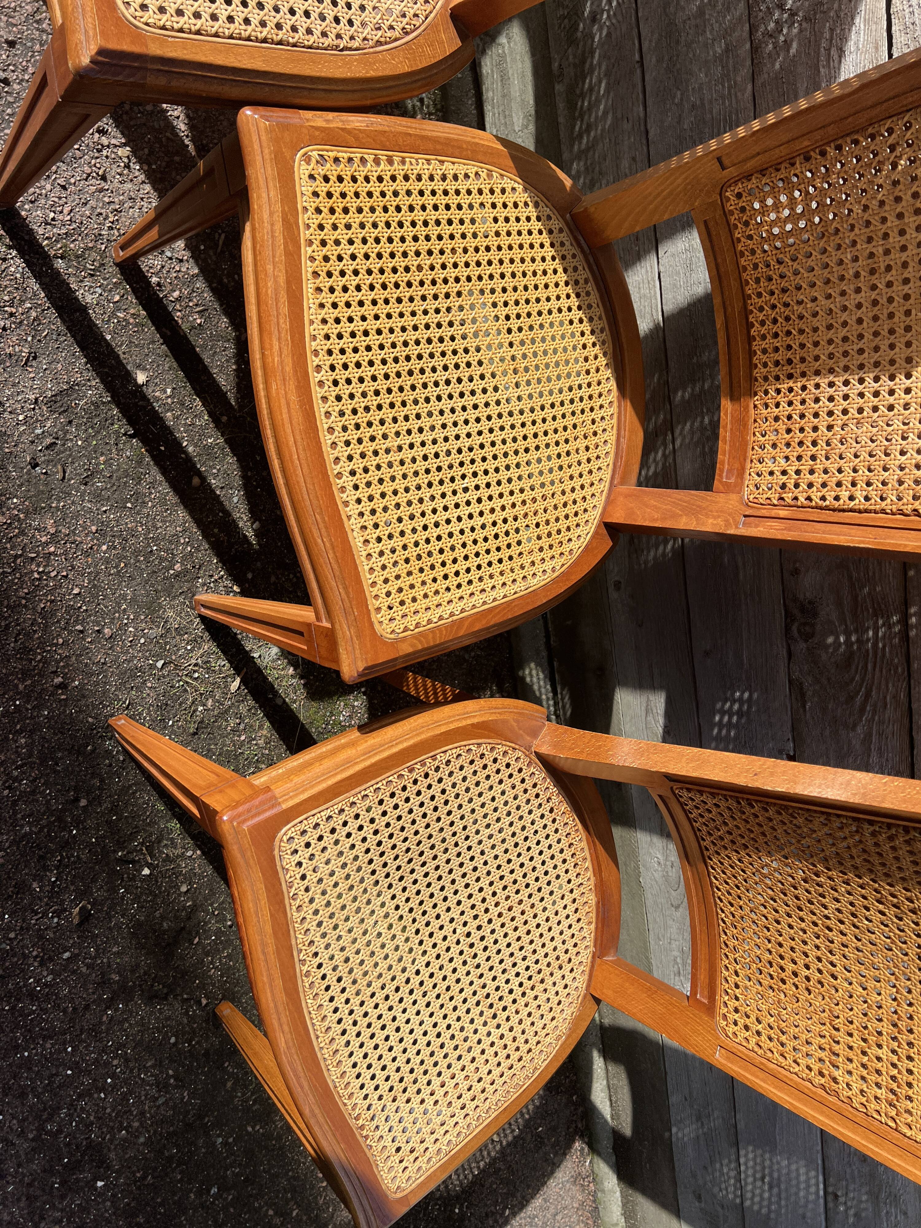 Six Art Deco chairs, 1960s, beech and cane