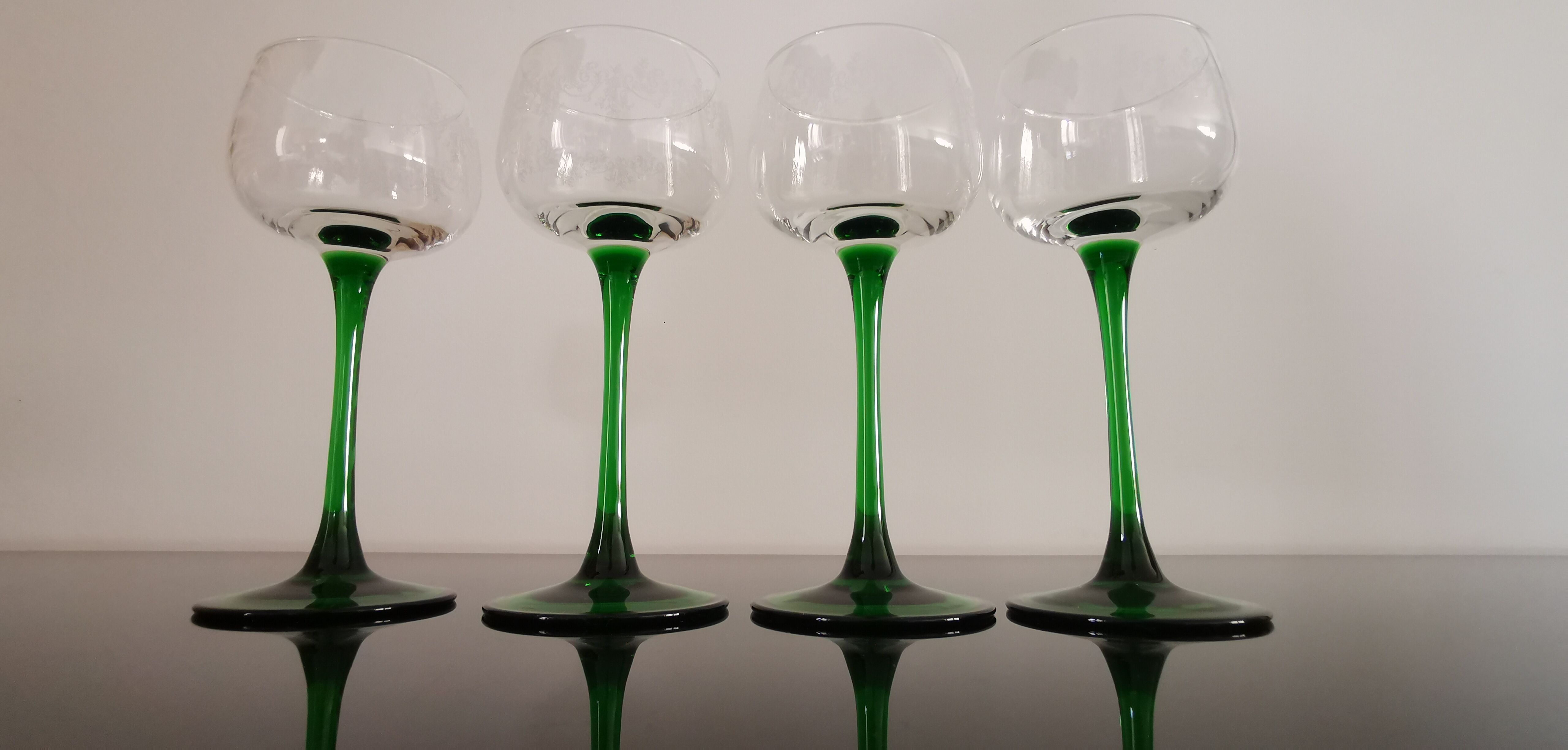 4 Vintage Alsace Wine Glasses with green feet floral decorations