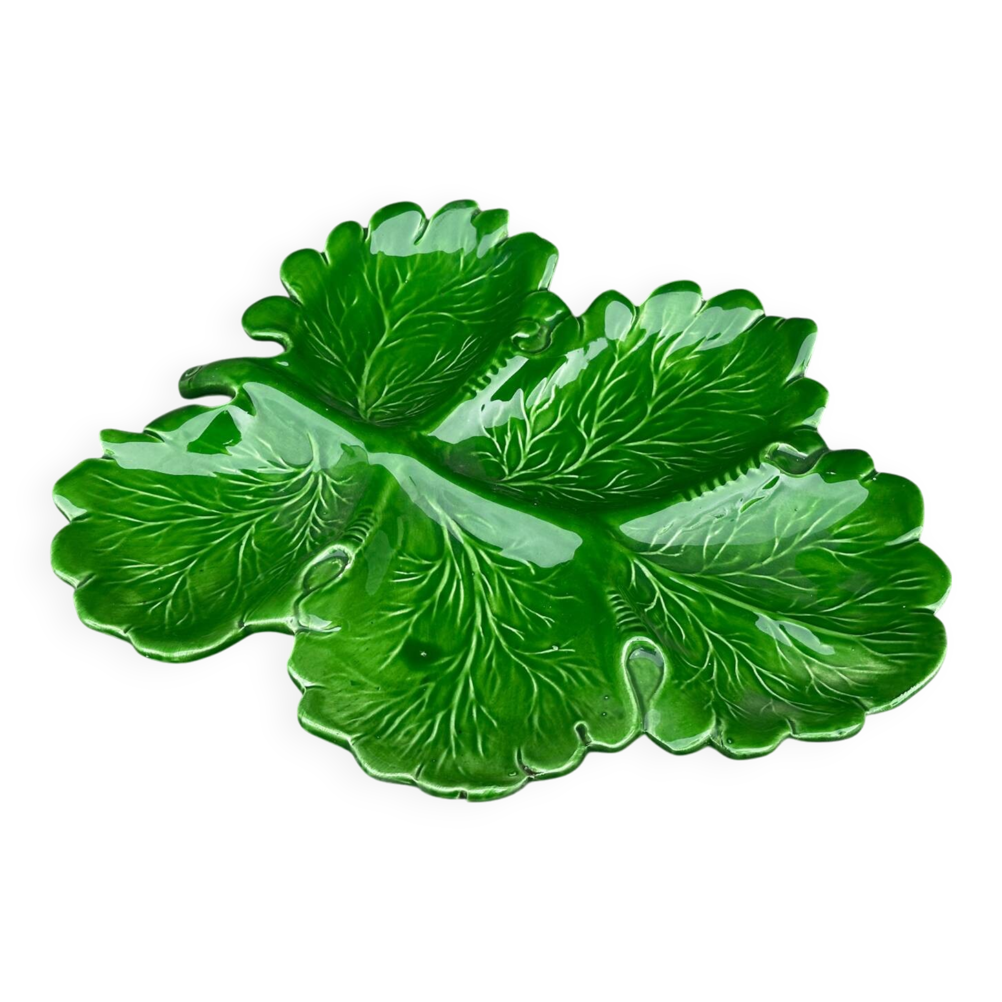 Green Ceramic Hors d'Oeuvres Dish in Leaf Shape, Art Deco Period
