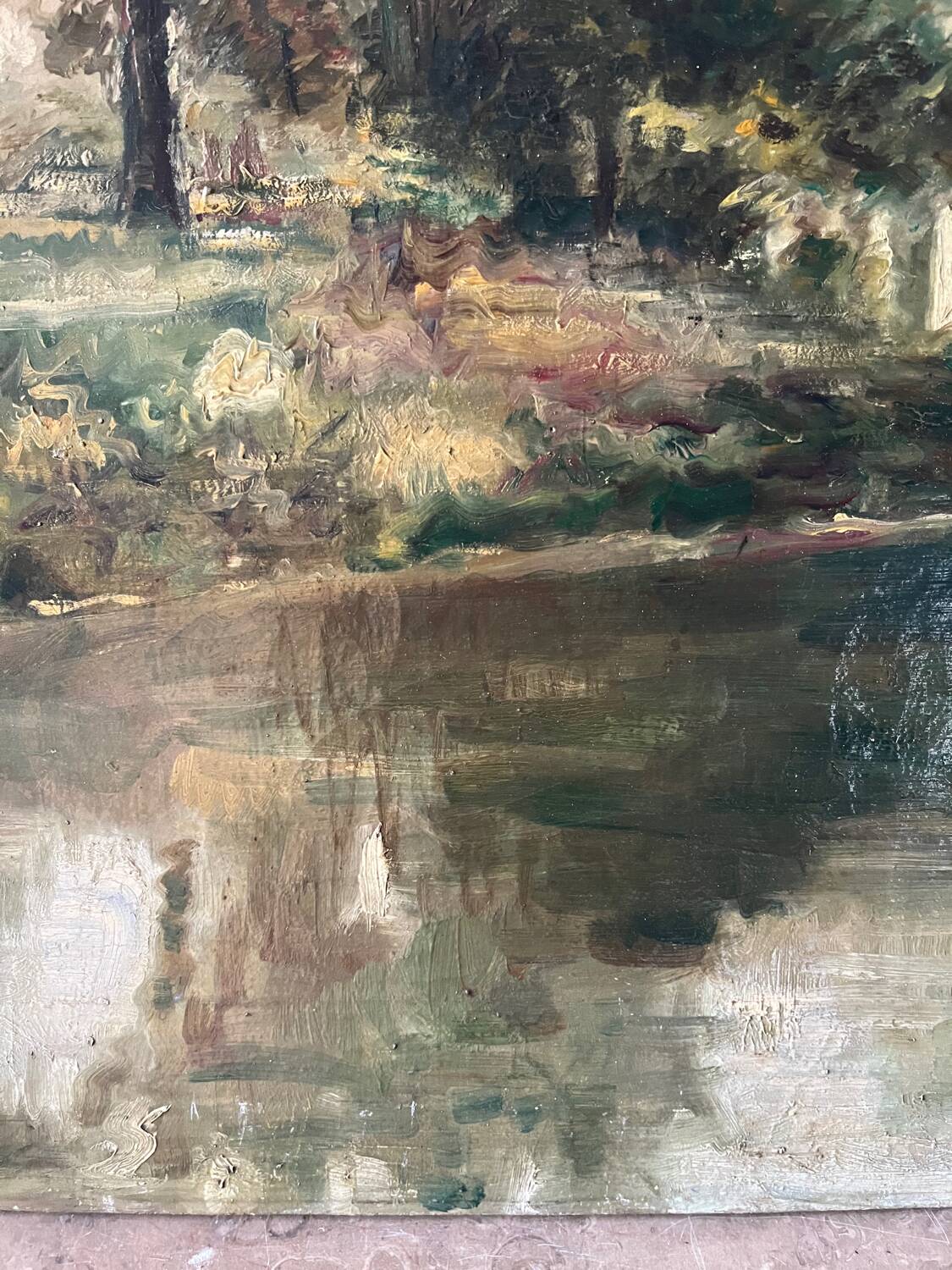 Stroll along a riverbank, oil on canvas