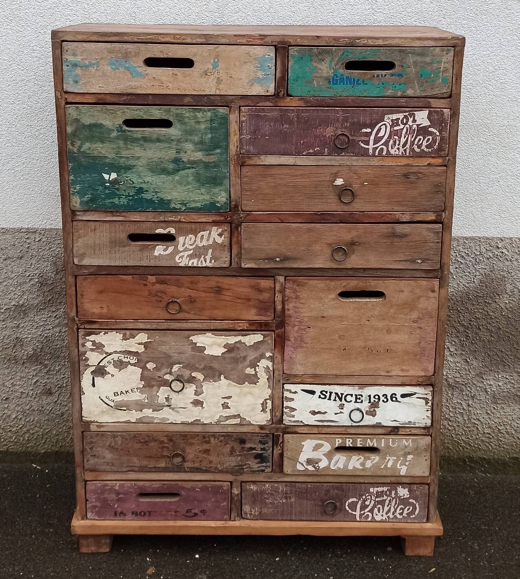 Original wooden chest of drawers with 15 mismatched drawers