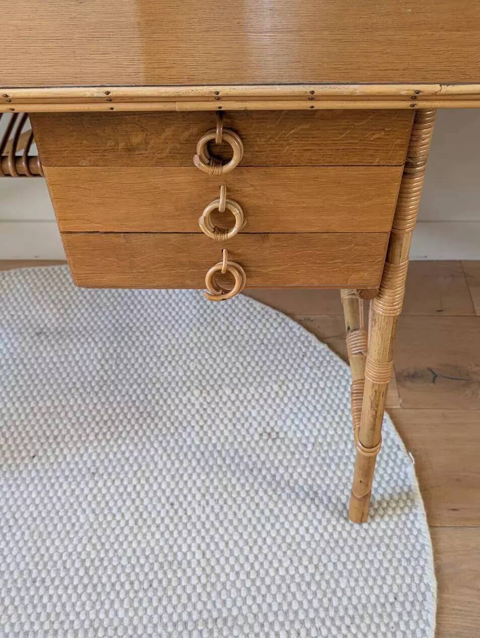 Vintage wood and rattan desk by L. Sognot