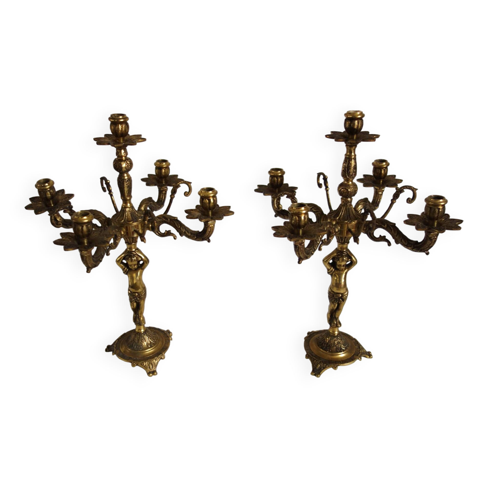 Pair of cherub candlesticks in gilded bronze early 20th century
