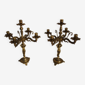 Paire de chandeliers chérubins  en bronze doré début xxème