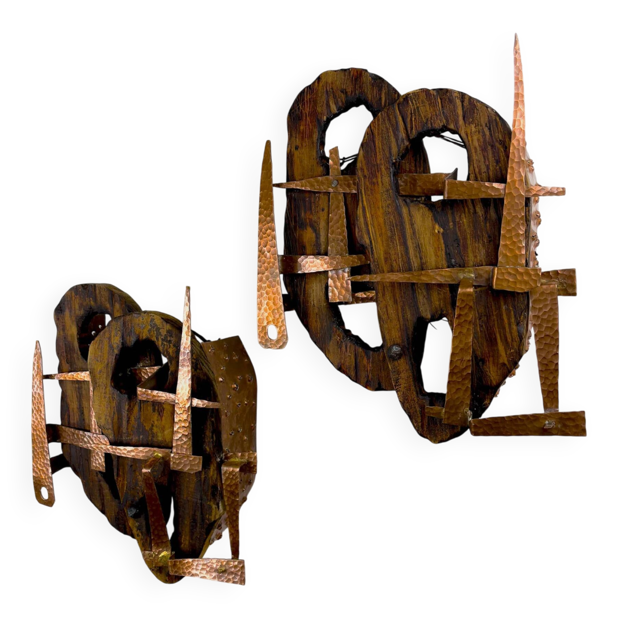 Pair of Brutalist wood & copper wall sconces, Italy, 1970s