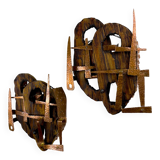 Pair of Brutalist wood & copper wall sconces, Italy, 1970s