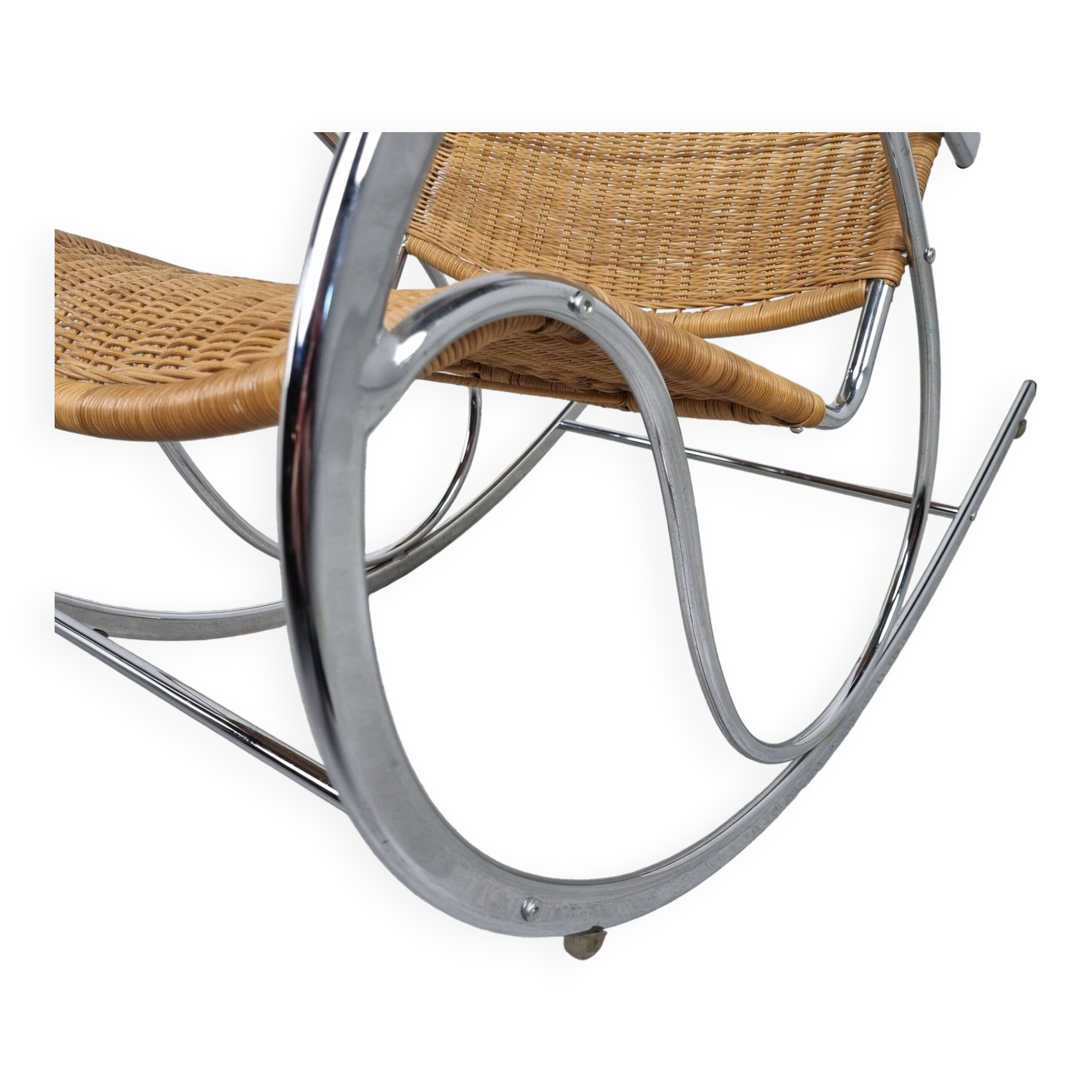 Vintage chrome and wicker rocking chair, 1970s