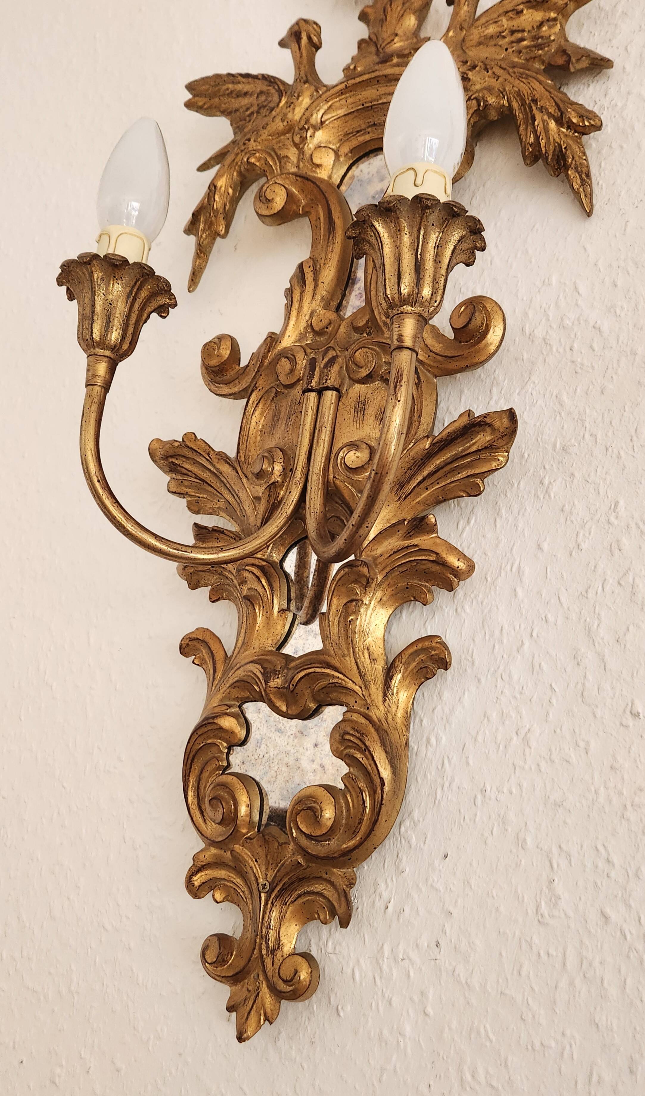 Louis XVI wall lamps Rocaille gilded carved wood antique mirror glass
