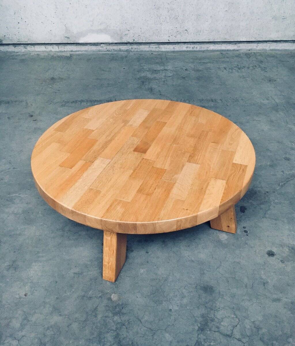 Brutalist Oak Round Coffee Table from Meubelfabriek Oisterwijk, Netherlands, 1960s