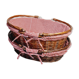 2 wicker baskets and red gingham fabrics