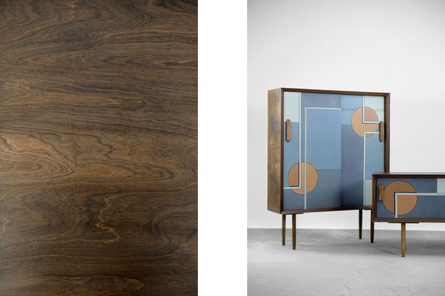 Set of 2 mid-century modern scandinavian hand-painted birch cabinet & sideboard, 1960s