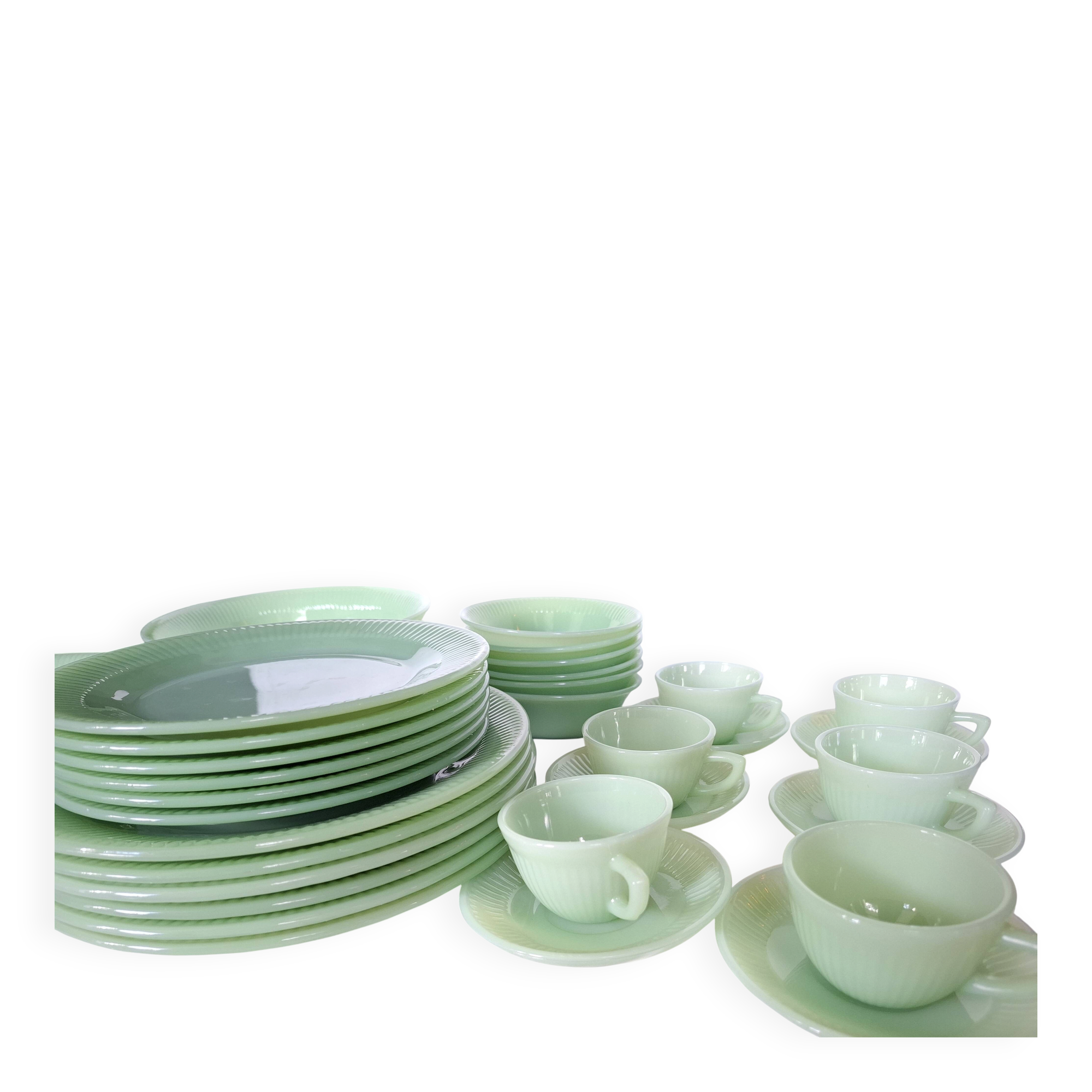 Rare 1950s Fire-King Jadeite "Jane Ray" Dinner & Coffee Service - 32-Pieces