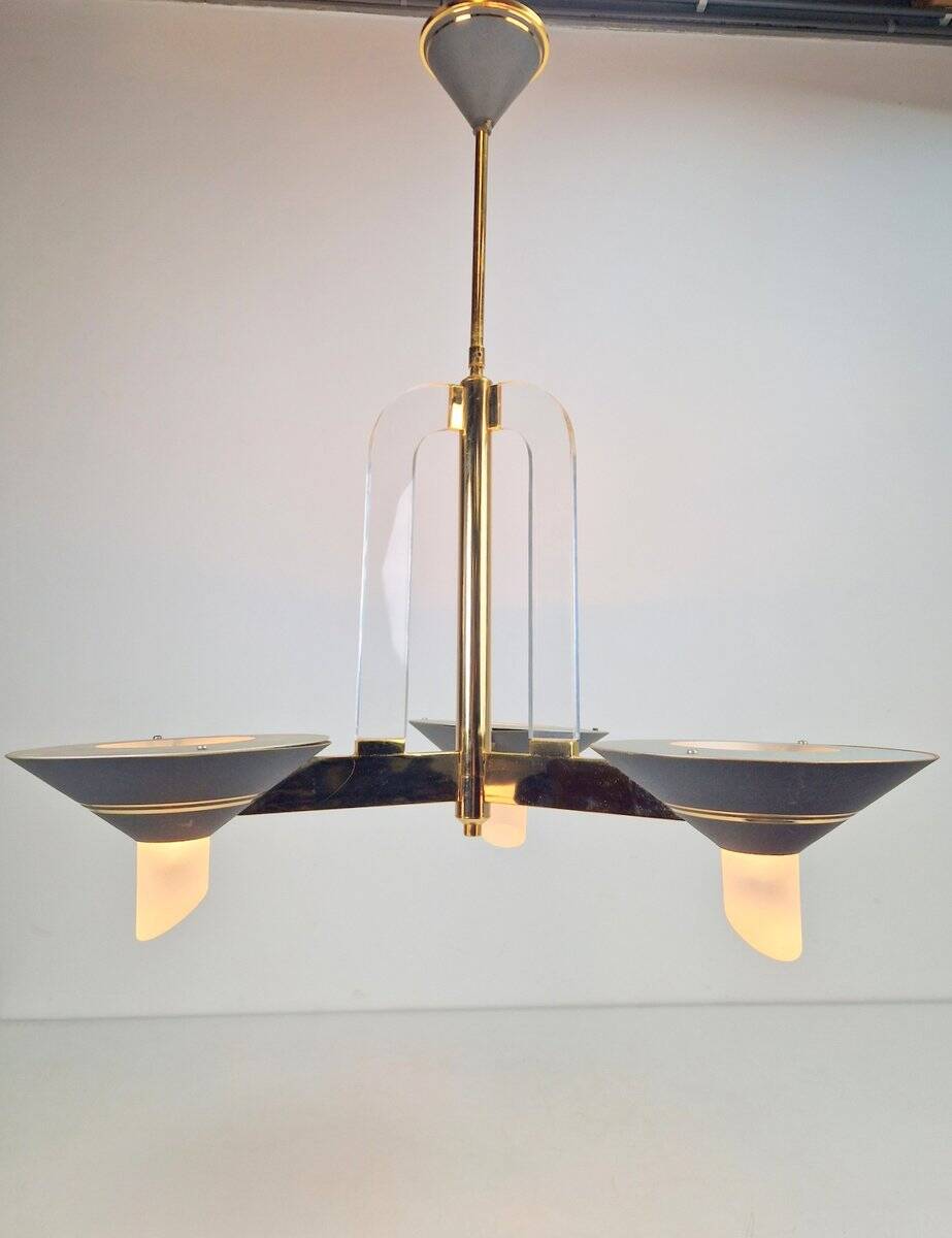Vintage French Brass Acrylic Chandelier, 1970s