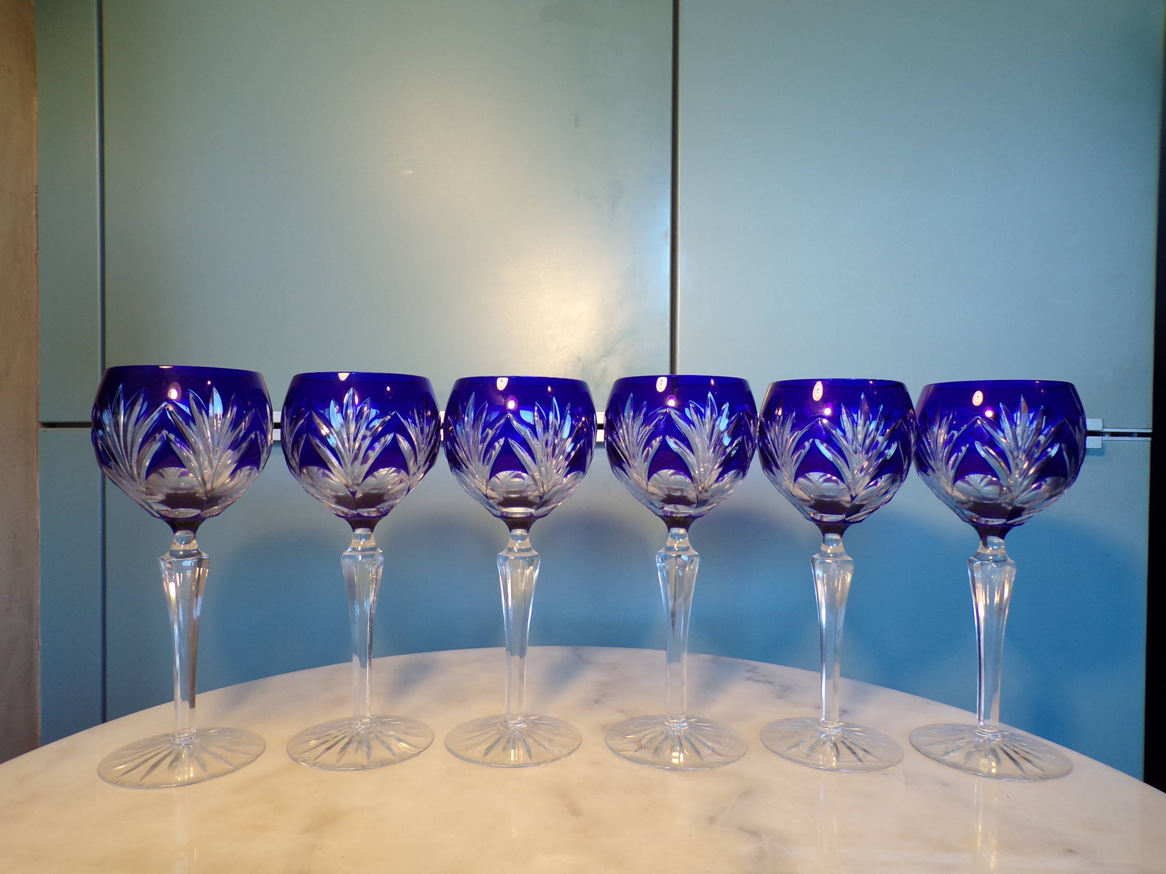 6 cut crystal cobalt blue wine glasses h=20cm