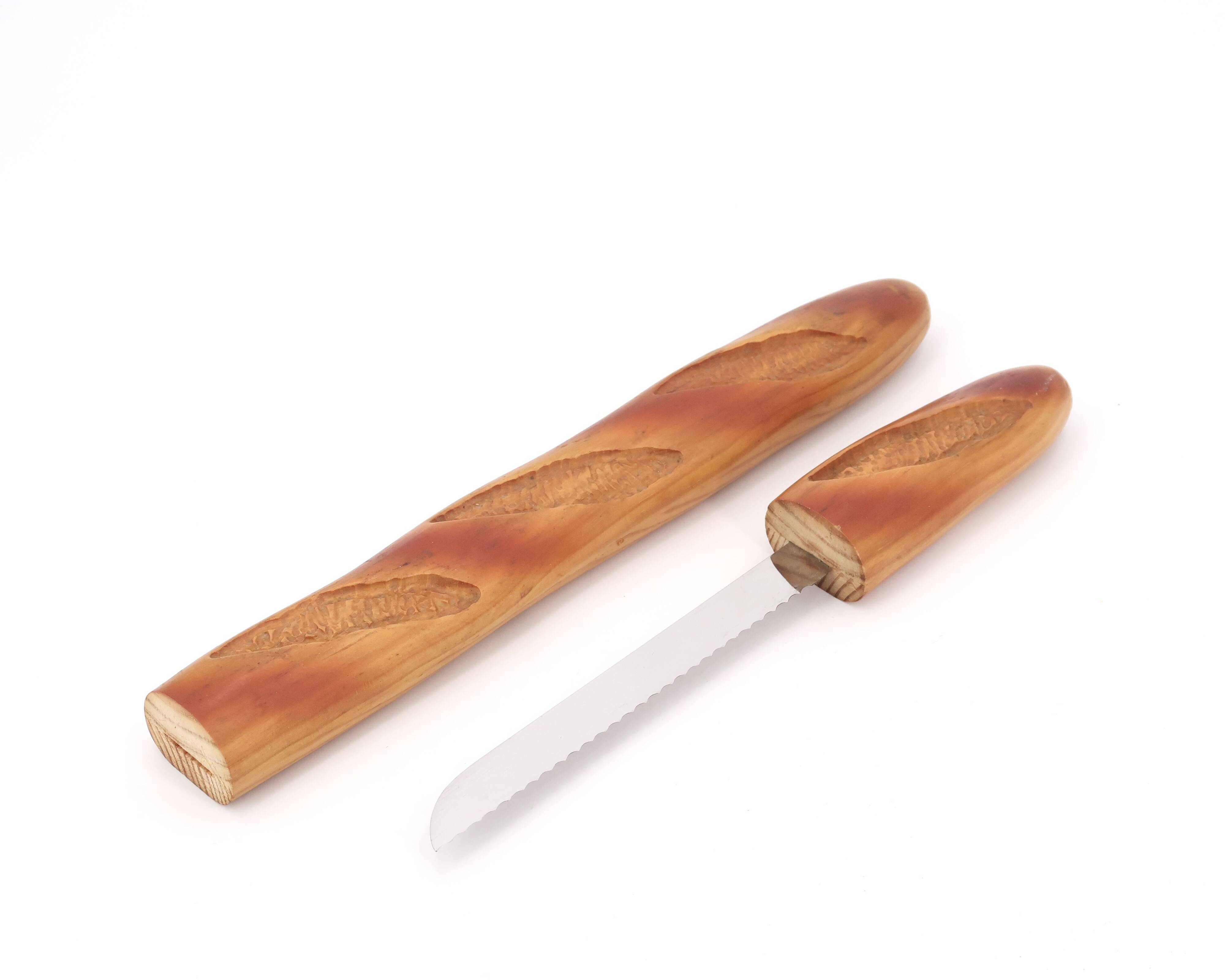 Bread knife in the shape of a wooden and stainless steel baguette