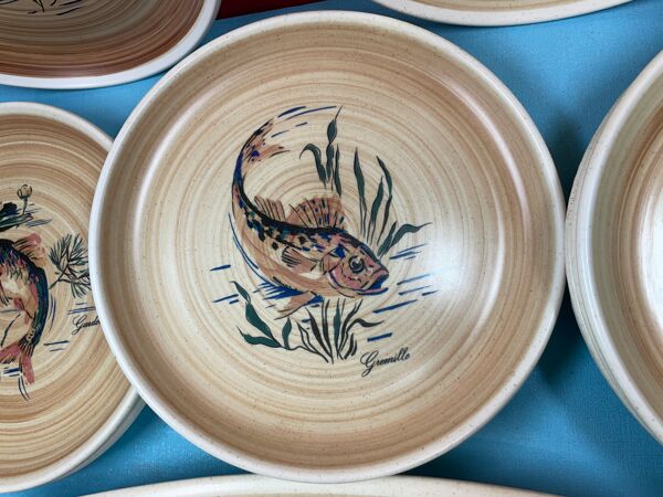 Service à poisson, plat et 10 assiettes Sarreguemines Granville, vintage