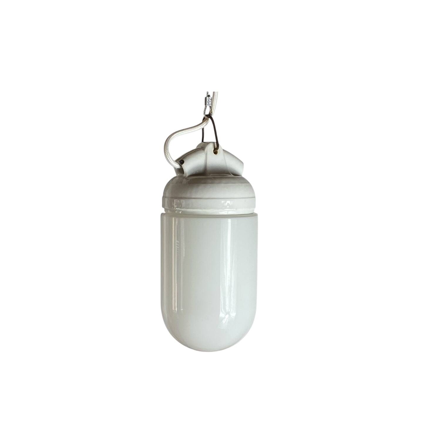 Industrial suspension in white glass and porcelain, vintage model.