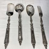 Old candy confectionery service 4 pieces silver metal case XIXth