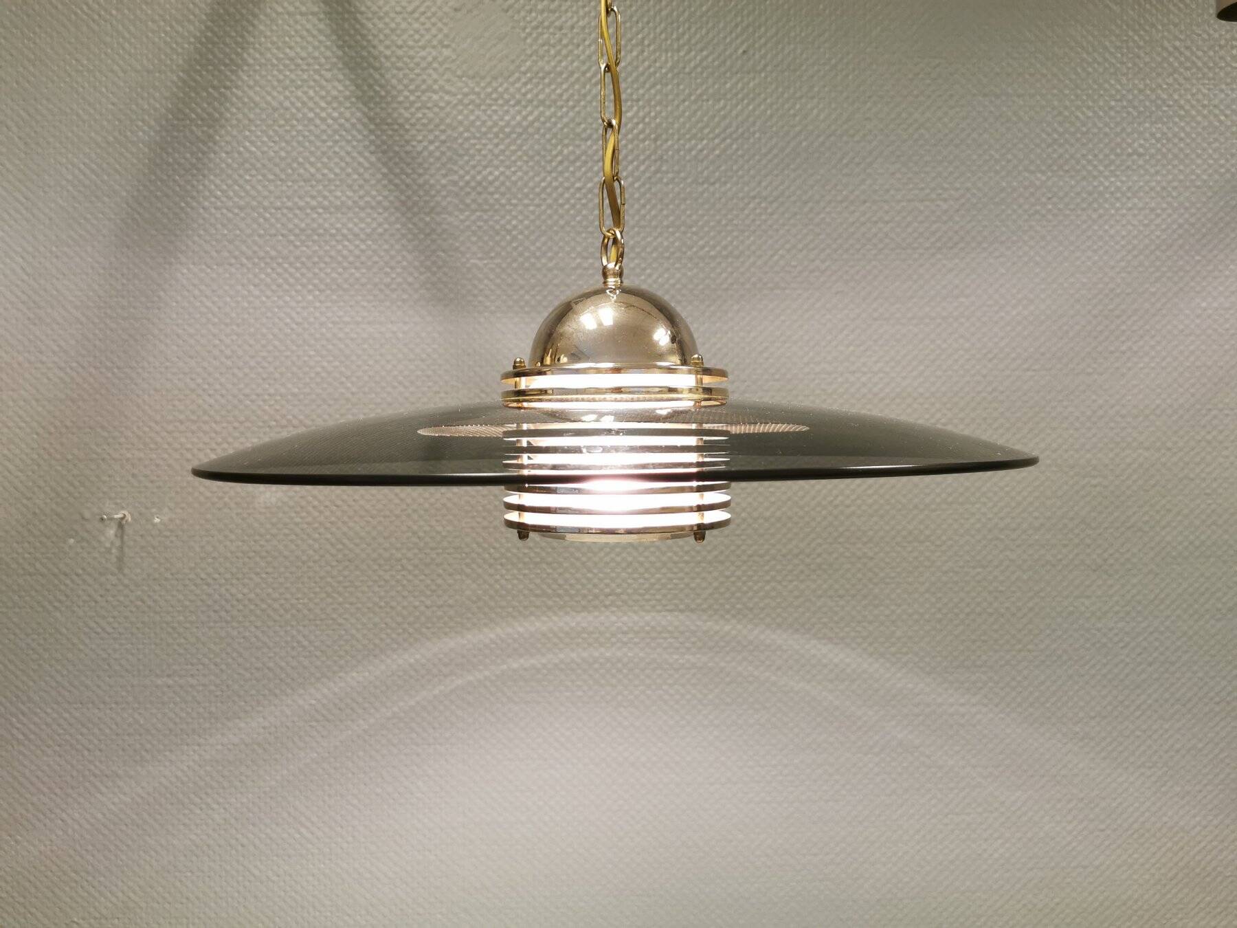 Original Belid T 391 pendant light in gold-coloured metal and smoke-coloured glass