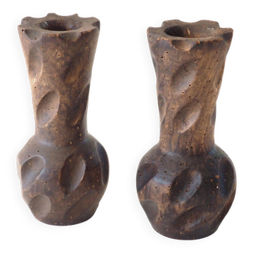 Brutalist wooden candlestick pair