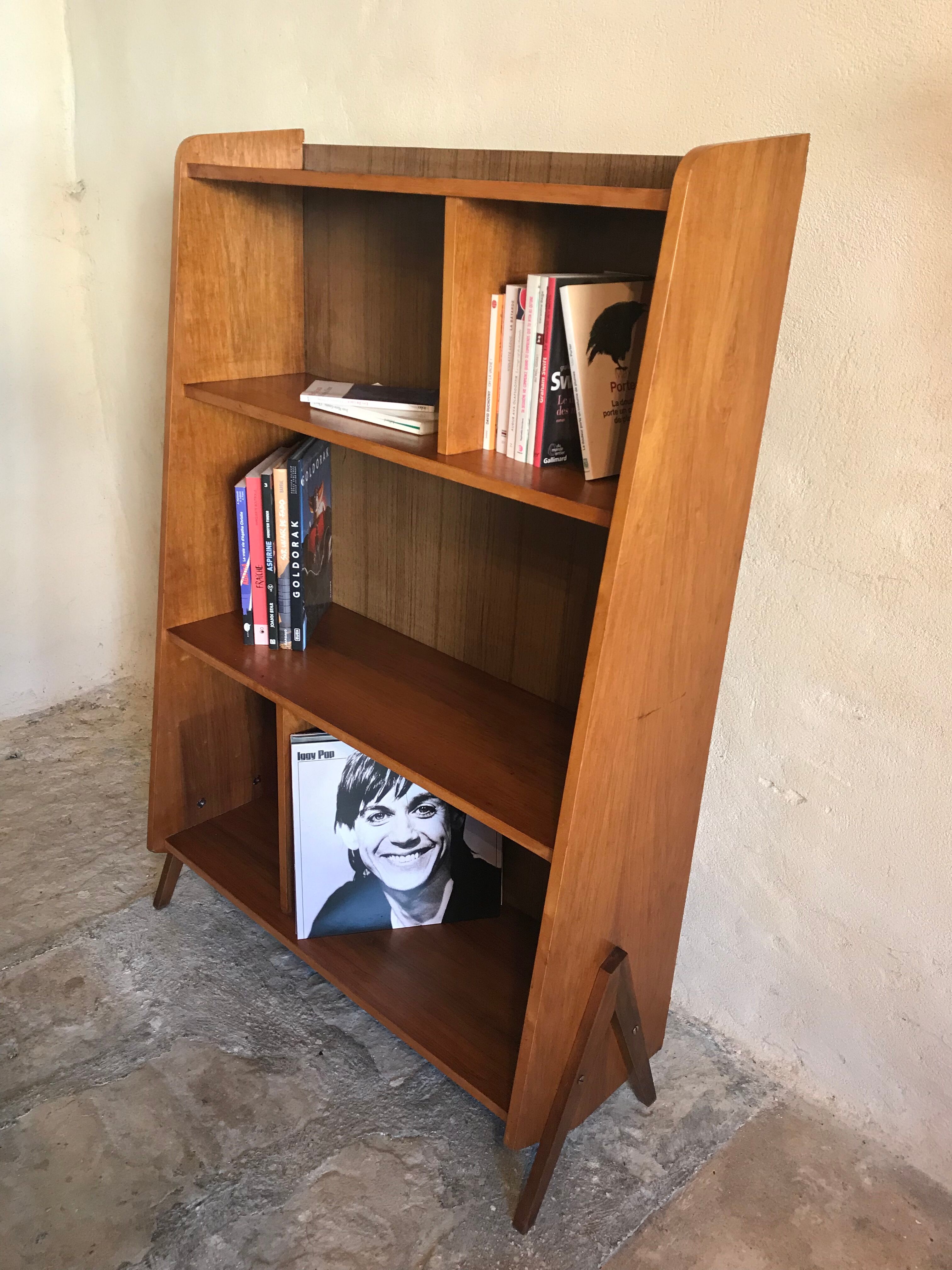 1960's vintage bookcase blond walnut and compass feet