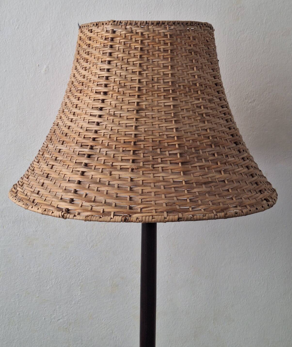 Rosewood mid century floor lamp with rattan shade, Sweden 1960s