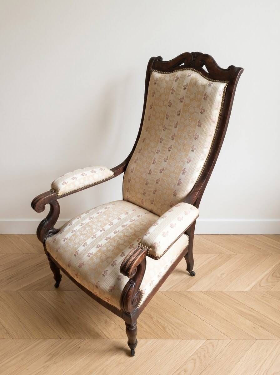 Louis Philippe style Voltaire armchair in wood and beige fabric