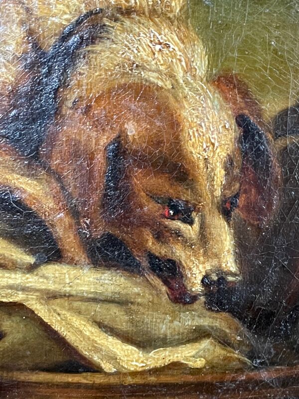 Tableau peinture ancienne animalière, chien Greuze, XVIIIe