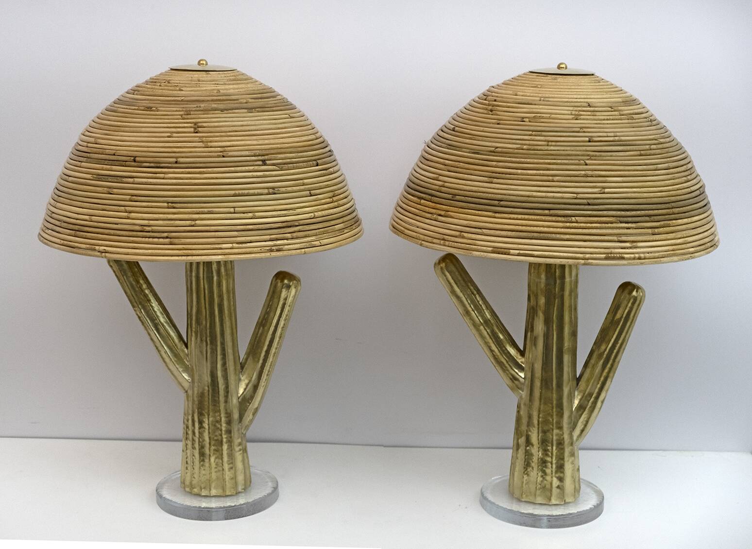 Pair of Hollywood Regency Rattan and Brass Cactus Lamps, Italy, 1990s
