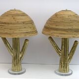 Pair of Hollywood Regency Rattan and Brass Cactus Lamps, Italy, 1990s