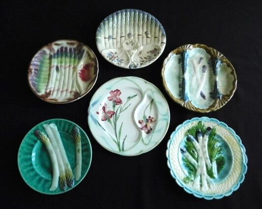 6 French Antique Asparagus Plates in Majolica